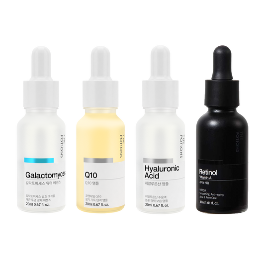 Bilde av pakke med serum fra The Potions for å redusere fine linjer og rynker. Ampuller med Galactomycess, Q10, Hyaluronic Acid og Retinol.