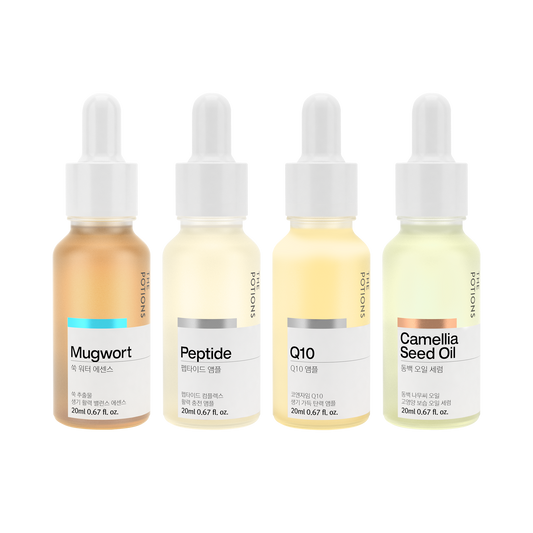 Bilder av ampuller fra The Potions: Mugwort, Peptide, Q10 og Camellia Seed Oil