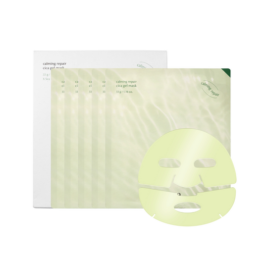Produktbilde av 5 Luvum Calming Repair Cica Gel Masker, forpakning og hvordan masken ser ut.
