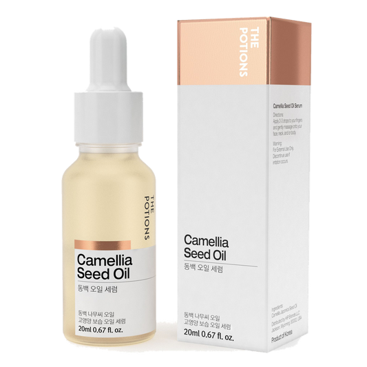 Bilde av The Potions Camellia seed oil serum med emballasjen ved siden av